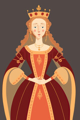 Portrait Of A Young Medieval Queen Wearing Her Crown And A Dress. Generative AI Illustration.