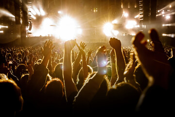 A crowd of people with raised arms during a music concert with an amazing light show. Black...