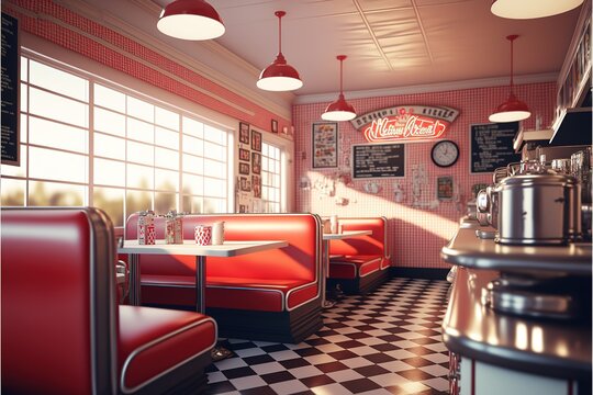 Retro cafe, american diner interior with tables, red sofas. 3d illustration