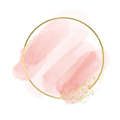 Pastel rose or pink watercolor brush stroke splash with luxury golden square or circle frame and glitter gold lines round contour frame for banner or logo wedding elements
