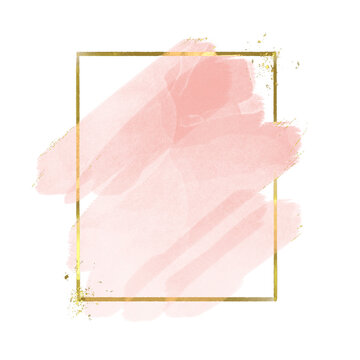 Pastel rose or pink watercolor brush stroke splash with luxury golden square or circle frame and glitter gold lines round contour frame for banner or logo wedding elements