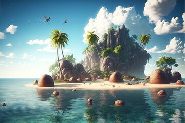 Island in ocean, uninhabited secret pirate isle with beach, palm trees, jungle. 3d illustration - obrazy, fototapety, plakaty