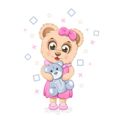 Little cartoon bear with a soft toy teddy bear