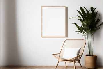 Blank picture frame mockup on white wall. White living room design. View of modern Boho style interior with chair. Home staging and minimalism concept © Rodrigo