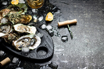 Fresh oysters on a cutting board. 