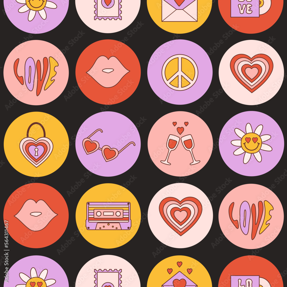 Poster retro seamless pattern with romantic groovy icons in style vintage 70s, 80s. abstract round icons is