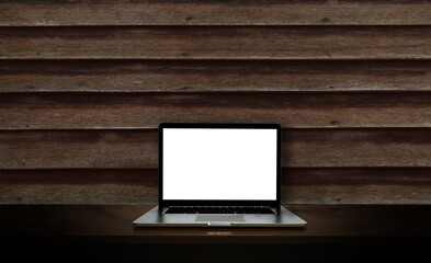 Fototapeta premium Modern laptop isolated on wooden background. 3D Illustration.