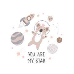 Space adventure koala. Cartoon bear, hand drawing lettering, decor elements. Pastel vector illustration for kids. Scandinavian flat style. baby design for cards, posters, t-shirt print.