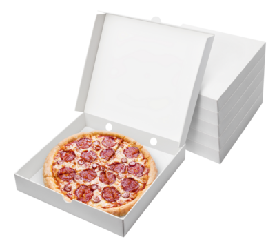 Delicious pizza and stack of pizza boxes cut out