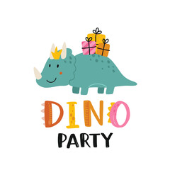 Happy birthday. Lovely vector illustration with funny dinosaur and gift. Hand drawn print, greeting card or poster for children room decoration. Flat cartoon dino character and lettering