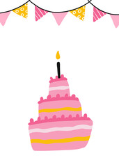 Happy birthday. Lovely vector illustration with big cake. Hand drawn print, greeting card or poster for children room decoration. Flat cartoon dino character and lettering