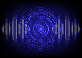 Power of digital sound wave futuristic technology with Hud. Sonar signal voice equalizer. Abstract background audio editor program - obrazy, fototapety, plakaty