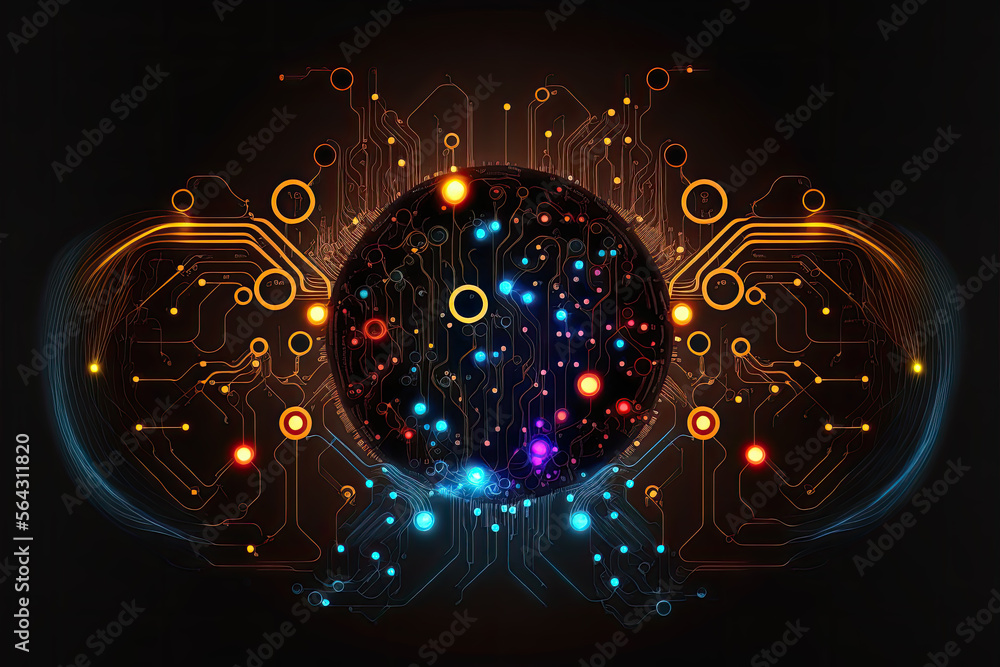 Poster cyberspace abstract colorful and bright circuits on a circuit board. generative ai