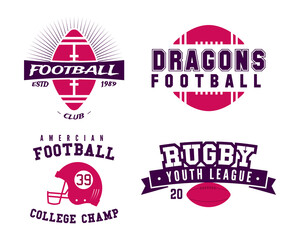 American football logo templates set in flat style. Rugby badges isolated on white background. Sports labels collection. Stock vector illustration