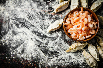 Raw dumplings gyoza with fresh shrimp. 