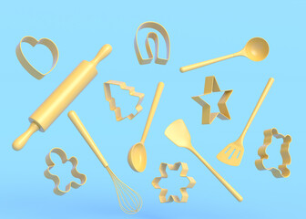 Wooden kitchen utensils and cookie cutters on monochrome background