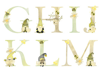 Watercolor bee gnomes letters for invitation card, nursery poster and other.