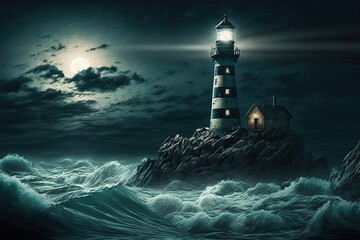 Lighthouse in the sea at night with moonlight and waves, generative ai