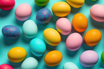 Easter eggs poster background for greeting celebrated in easter day. Generative AI