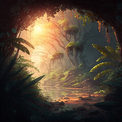 Lovely Magical Jungle Anime Art Fantasy Sunrise