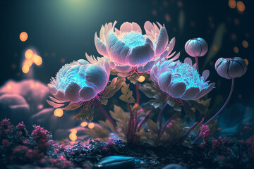 beautiful fantasy light baby blue peony flowers made by generative ai