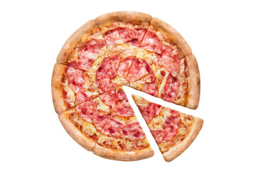 Delicious pizza with bacon, mozzarella and tomato sauce, cut out