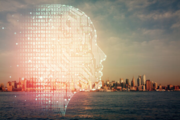 Brain hologram drawing on cityscape background multi exposure. Ai in modern city concept.
