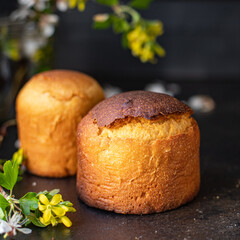 holiday Easter cake and easter eggs sweet bread dessert treat meal food snack on the table copy space food background top view