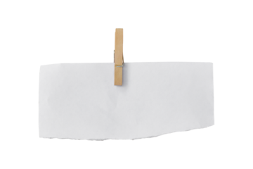 Wooden clip and white paper torn isolated on transparent background PNG file.