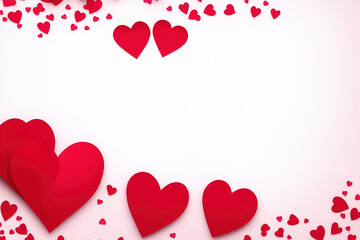 Valentine's day background with red and pink hearts like balloons on white background, flat lay, clipping path.