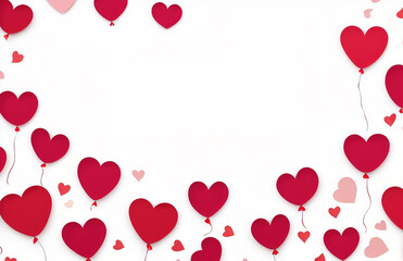 Fototapeta na wymiar Valentine's day background with red and pink hearts like balloons on white background, flat lay, clipping path