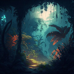 Fototapeta na wymiar Lovely Magical Jungle Anime Art Fantasy Sunrise
