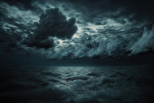 Blue sea water surfaces with ripples and waves. sky dark in the night generative ai © Arisctur