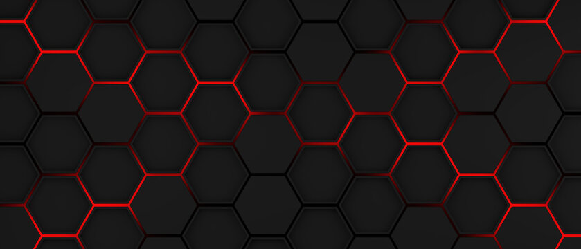 Dark metal hexagon with red beam background, 3d render illustration.
