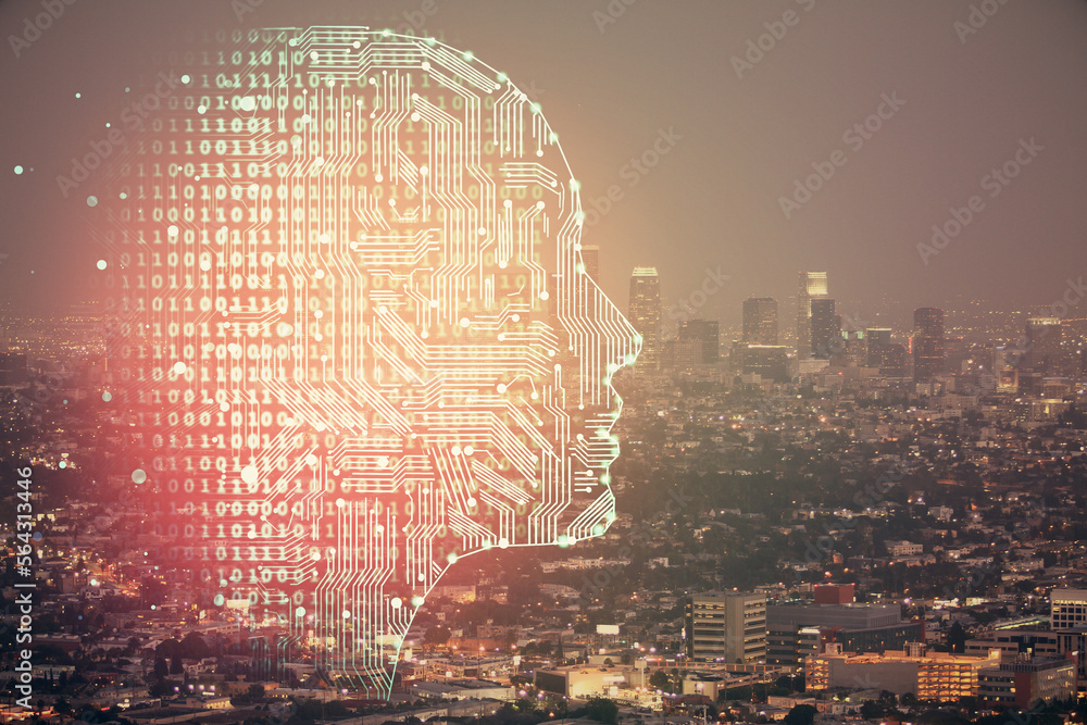 Poster brain hologram drawing on city scape background double exposure. brainstorming concept.