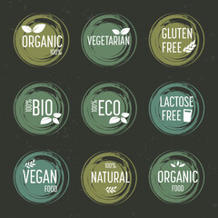 Organic food icons on dark background. Vegetarian, bio, eco, natural, gluten free, lactose free. Watercolor, vector illustration