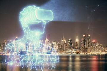 Double exposure of AR people drawing and cityscape background. Concept of augmented reality.