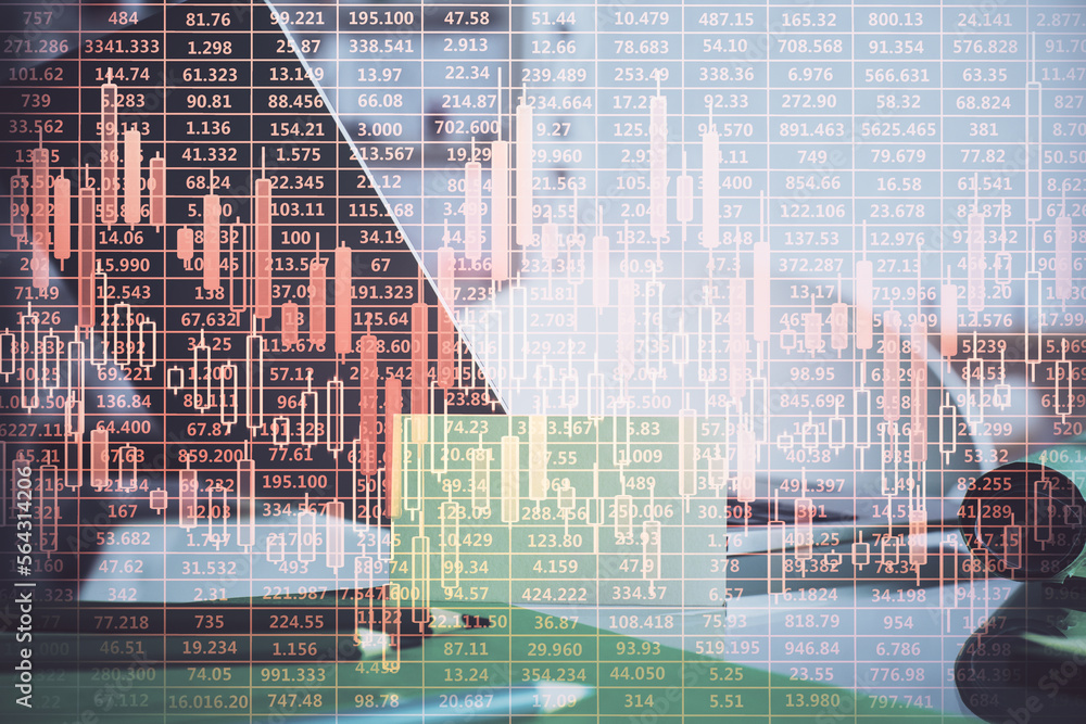 Poster multi exposure of forex graph and work space with computer. concept of international online trading.