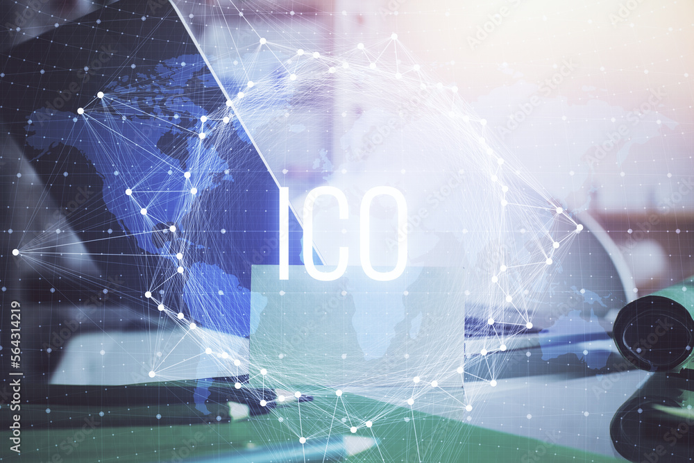 Poster Double exposure of blockchain and crypto economy theme hologram and table with computer background. Concept of bitcoin cryptocurrency.