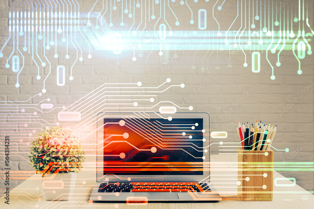 Poster Double exposure of table with computer on background and data theme hologram. Data technology concept.