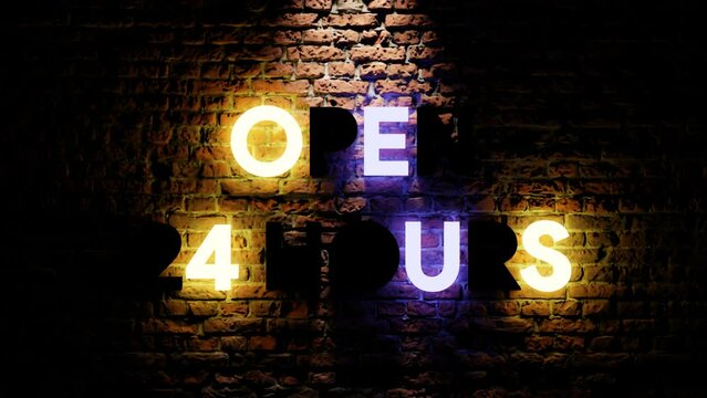 Neon sign animation Open 24 hours on a brick background. colorful neon sign Open 24 hours in suitable for store or bar and night club,casino. 4K business concept looping video. 3d illustration render