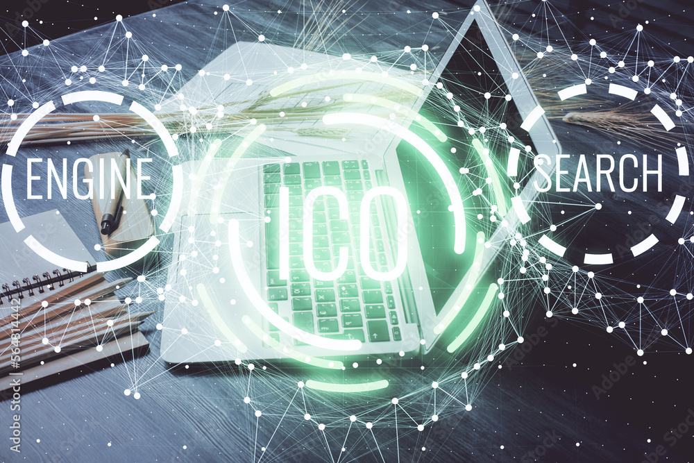 Poster Double exposure of blockchain and crypto economy theme hologram and table with computer background. Concept of bitcoin cryptocurrency.