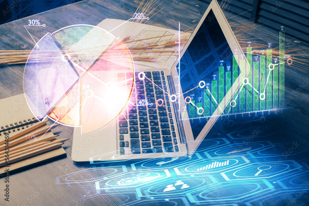 Aufkleber Multi exposure of forex graph and work space with computer. Concept of international online trading.