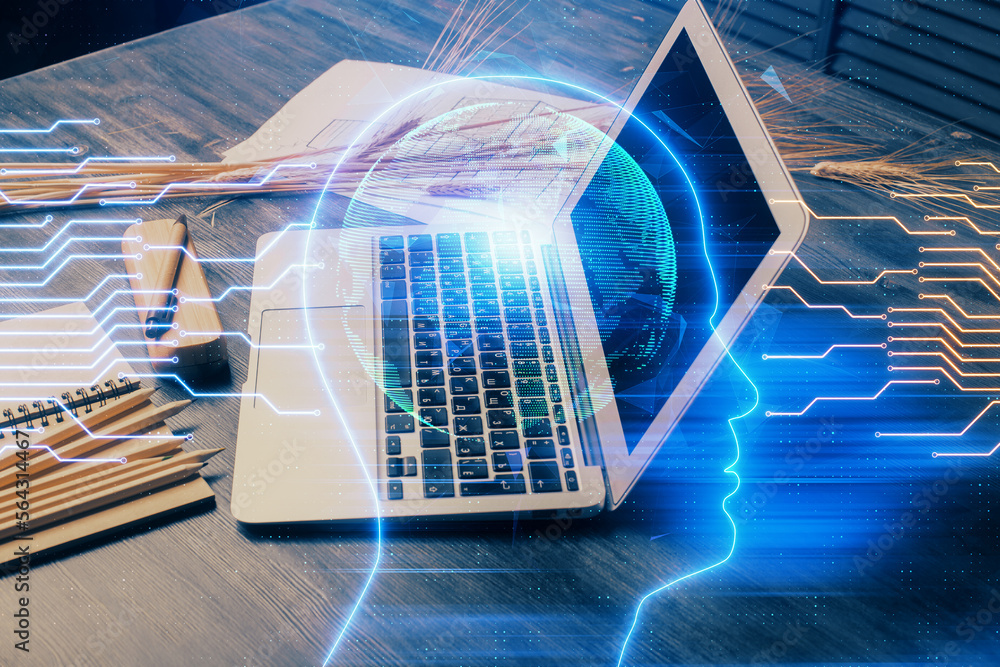 Poster Double exposure of desktop with computer and brain drawing hologram. Artificial intelligence concept.