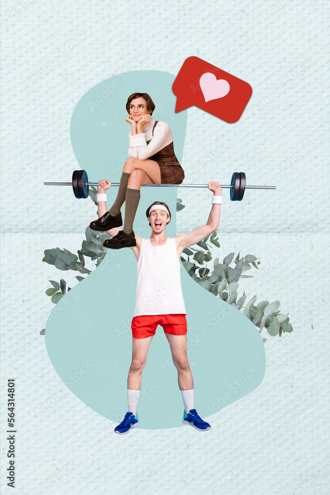 Poster Photo creative 3d collage artwork magazine sketch of sporty man raise up kettlebell dreamy girl isolated on painting background