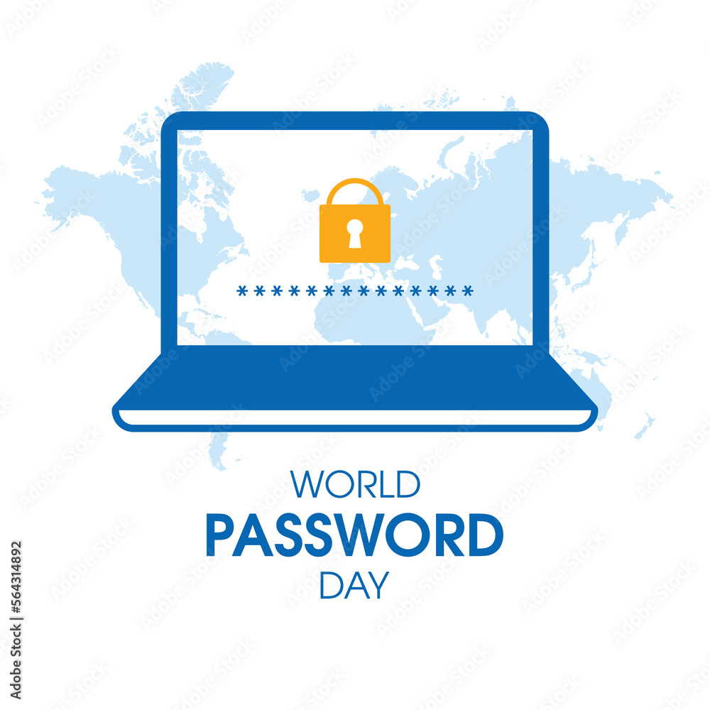 Poster world password day vector. protected laptop with lock icon vector. laptop computer and world map gra