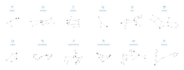 Constellations, astronomical patterns representing the twelve astrological symbols. Signs of the zodiac on the celestial sphere, visible stars in the night sky forming figures, connected with lines.
