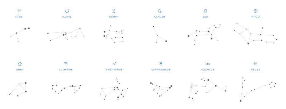 Constellations, astronomical patterns representing the twelve astrological symbols. Signs of the zodiac on the celestial sphere, visible stars in the night sky forming figures, connected with lines.
