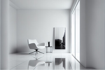 A white room with minimal modern furniture. Generative AI
