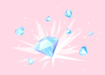 Diamonds explosion concept illustration on pink background, treasure of precious stones with bright lights, jewels scatter in different directions - obrazy, fototapety, plakaty
